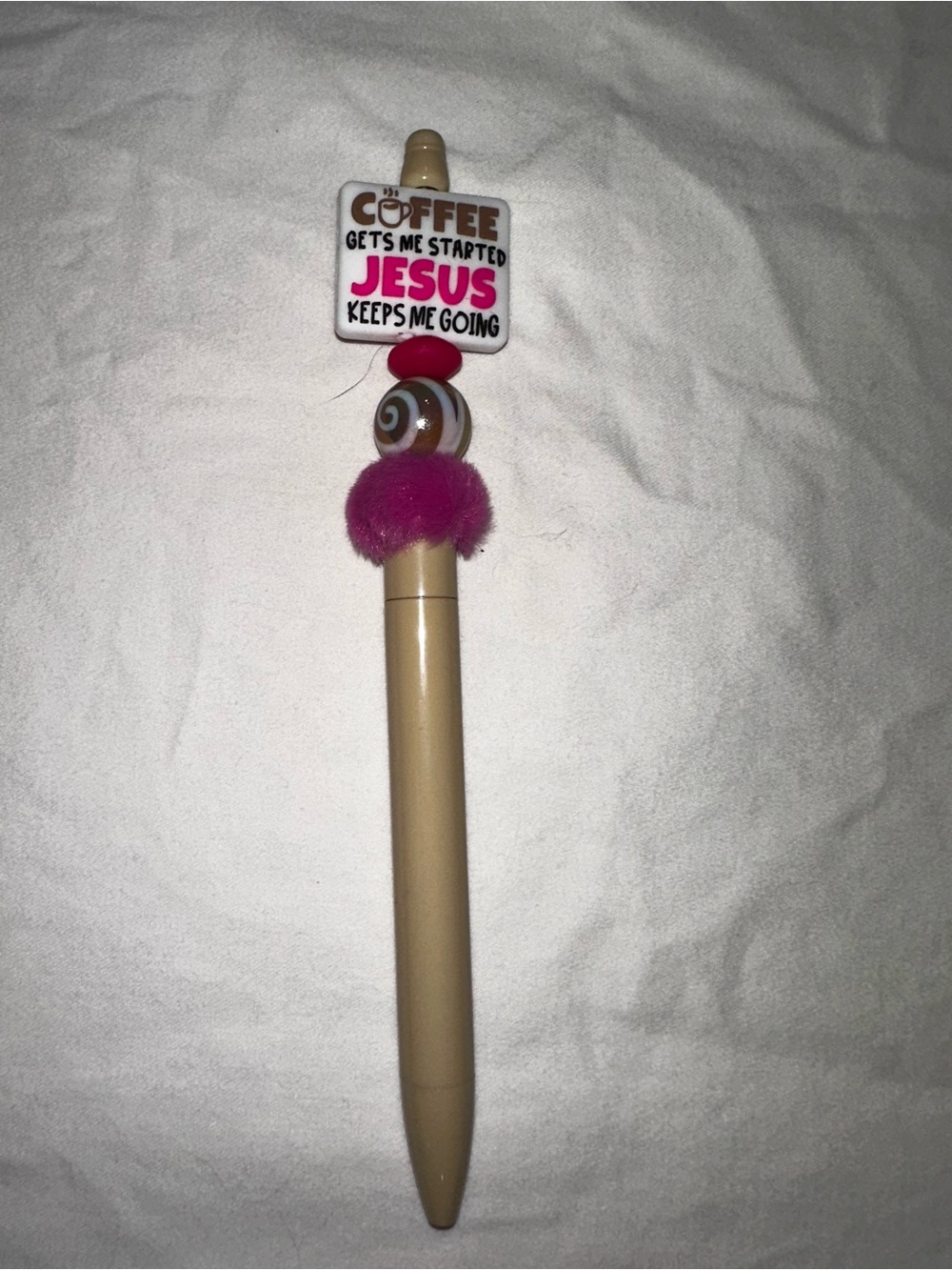 Inspirational Pink Puff Ball Pen - Coffee & Jesus Design